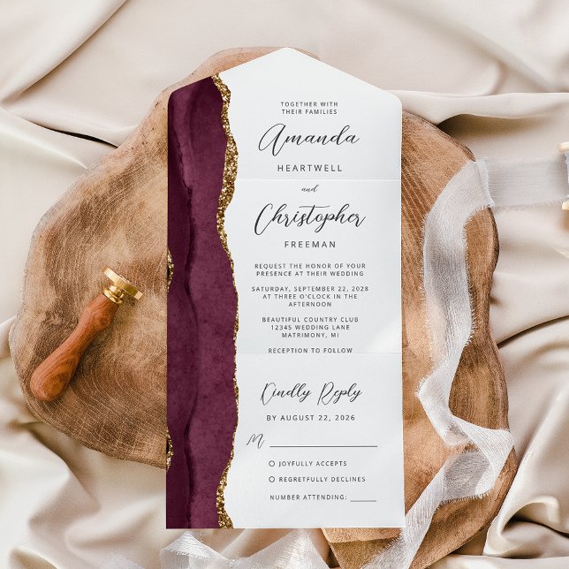 Agate Burgundy Gold Script All In One Einladung (Von Creator hochgeladen)