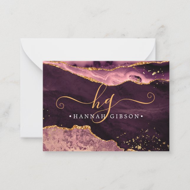 Agate Burgundy Monogram Extravagant Script Gold Gl Mitteilungskarte (Vorderseite)