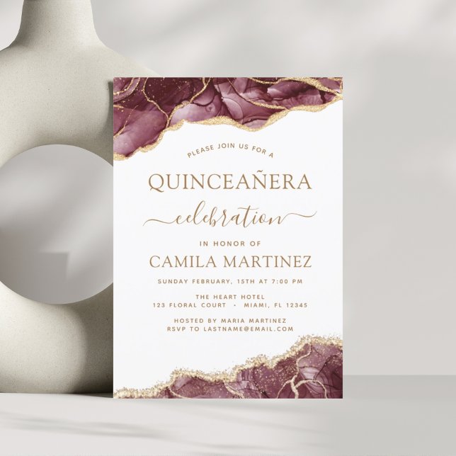 Agate Burgundy Quinceañera Gold 15. Geburtstag Inv Einladung (Von Creator hochgeladen)