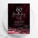 Agate Burgundy Silver 60. Geburtstag Einladung<br><div class="desc">Burgund und Silber agate 60. Geburtstagsfeier Einladung. Elegantes modernes Design mit dunkelroten Marsala Wine Aquarell-Hintergrund Marmorgeode,  Imitate Glitzer Silber und Typografie Drehbuch Schriftart. Die trendige Einladungskarte eignet sich perfekt für eine stilvolle Damenfeier. Gedruckte Zazzle Einladungen oder Sofortdownload digitalen druckbaren Vorlage.</div>