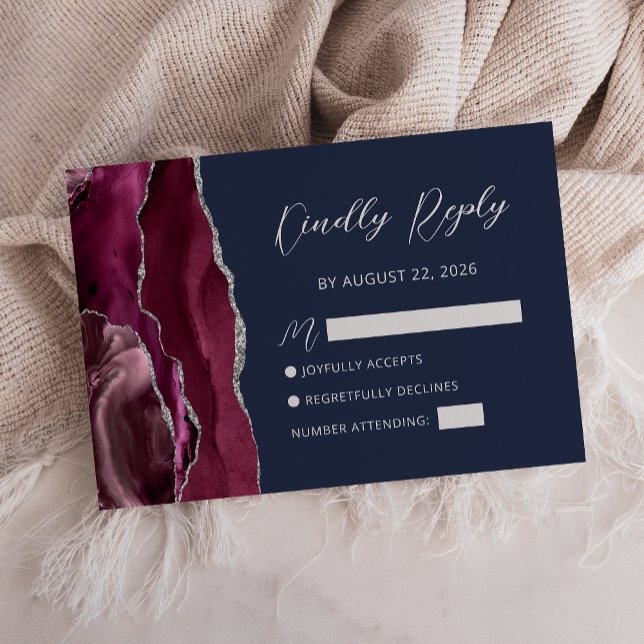 Agate Burgundy Silver Navy Blue Wedding RSVP Card Karte (Von Creator hochgeladen)