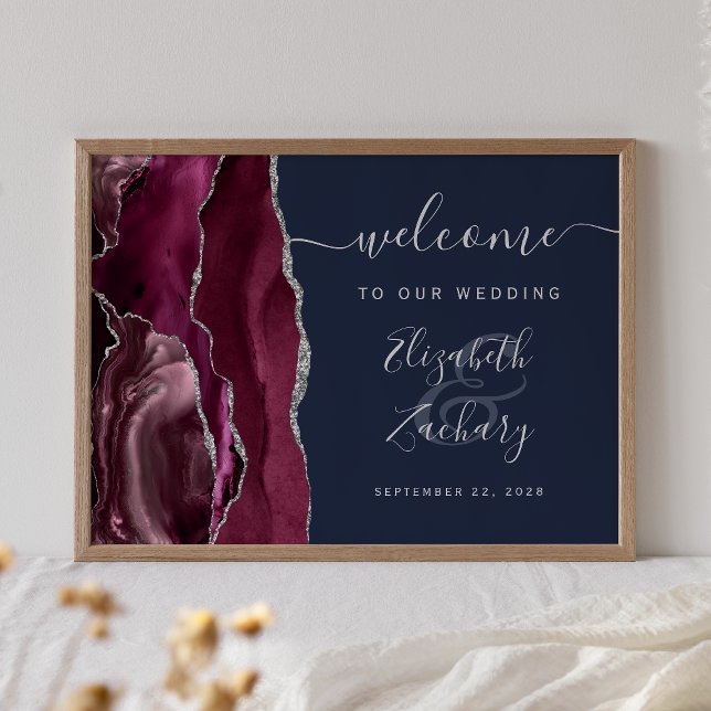 Agate Burgundy Silver Navy Blue Wedding Willkommen Poster (Von Creator hochgeladen)