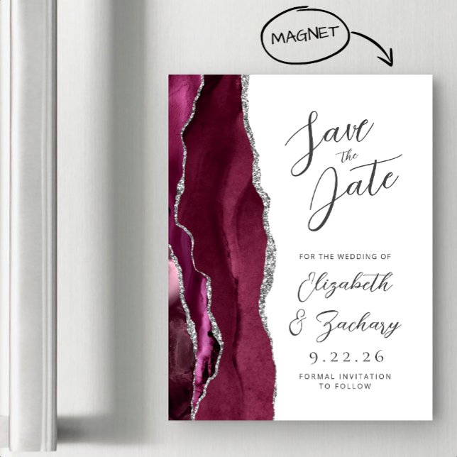 Agate Burgundy Silver Script Save the Date Magneteinladung (Von Creator hochgeladen)