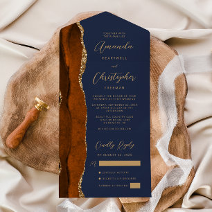 Agate Burnt Orange Gold Script Navy Blue All In One Einladung