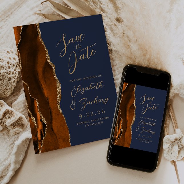 Agate Burnt Orange Gold Script Navy Hochzeit Geret Save The Date (Von Creator hochgeladen)