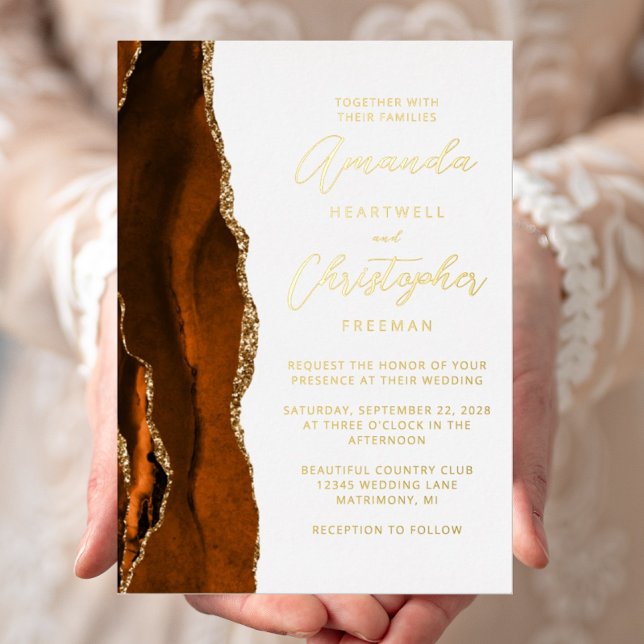 Agate Burnt Orange Gold Script Wedding Folieneinladung (Von Creator hochgeladen)