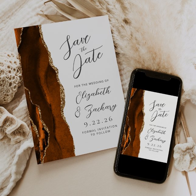Agate Burnt Orange Gold Script Wedding Rett Save The Date (Von Creator hochgeladen)