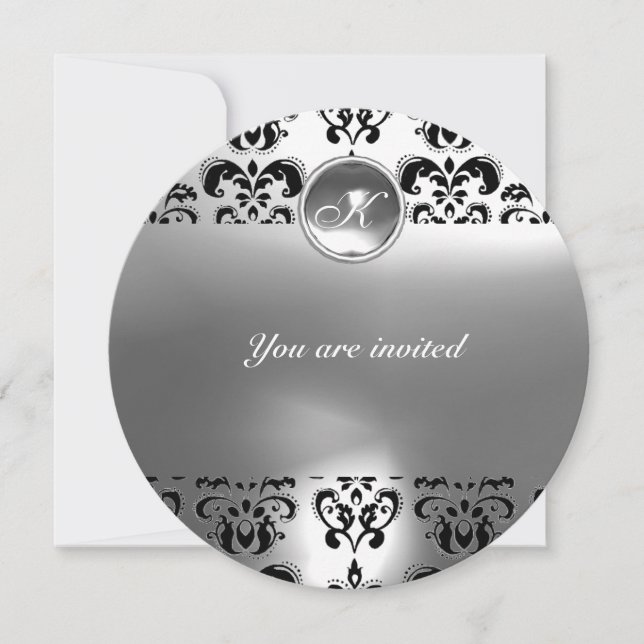 AGATE DAMASK GEM STONE MONOGRAM Schwarz-weiß Einladung (Vorderseite)