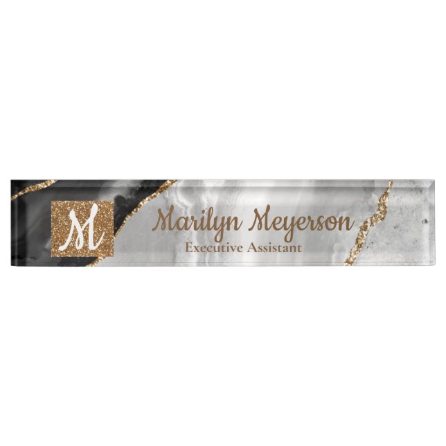Agate Desk Name Plate Black and White Gold Glitzer Namensplakette (Vorderseite)