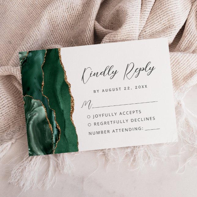 Agate Emerald Green Gold Modern Script Wedding RSVP Karte (Von Creator hochgeladen)