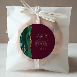 Agate Emerald Green Gold Script Burgundy Wedding Runder Aufkleber