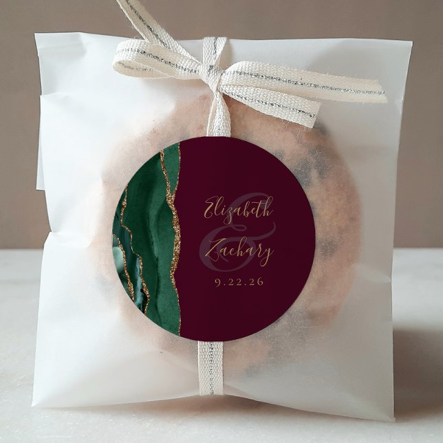 Agate Emerald Green Gold Script Burgundy Wedding Runder Aufkleber (Von Creator hochgeladen)