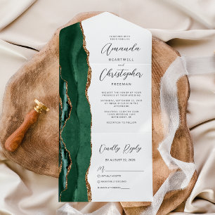 Agate Emerald Green Gold Wedding All In One Einladung