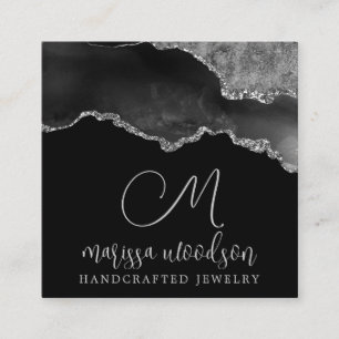 Agate Geode Black Silver Monogram Jeweldesign Quadratische Visitenkarte
