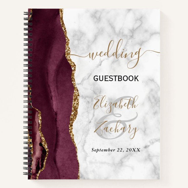 Agate Geode Burgundy Gold Marble Wedding Guest Notizbuch (Vorderseite)