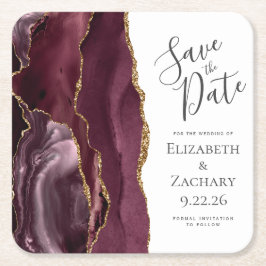 Agate Geode Burgundy Gold Save the Date Rechteckiger Pappuntersetzer