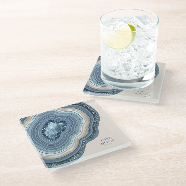 Agate Geode Glitzer Wedding Dusty Blue ID647 Glasuntersetzer (Schrägansicht)