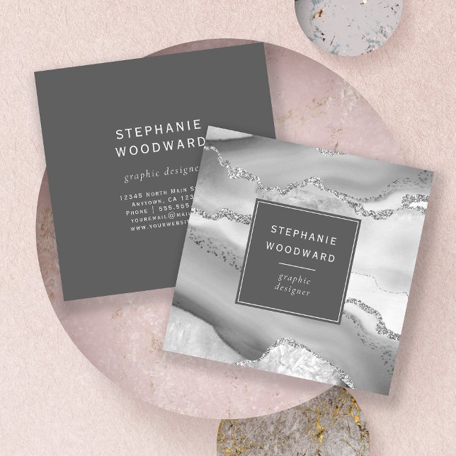 Agate Geode Gray White Silver Imitats Glitzer Quadratische Visitenkarte (Von Creator hochgeladen)