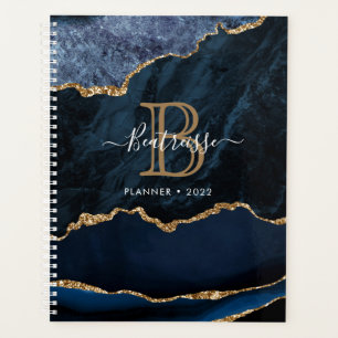 Agate Geode Navy Blue Gold Glitzer Monogram Planer