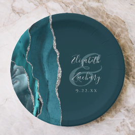 Agate Geode Schrift Dunkles Teal Silber Hochzeit Pappteller