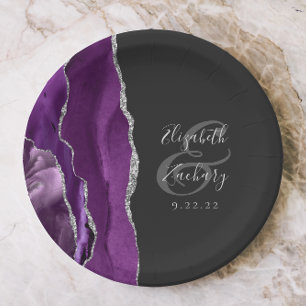 Agate Geode Schrift Lila Silber Dunkle Hochzeit Pappteller