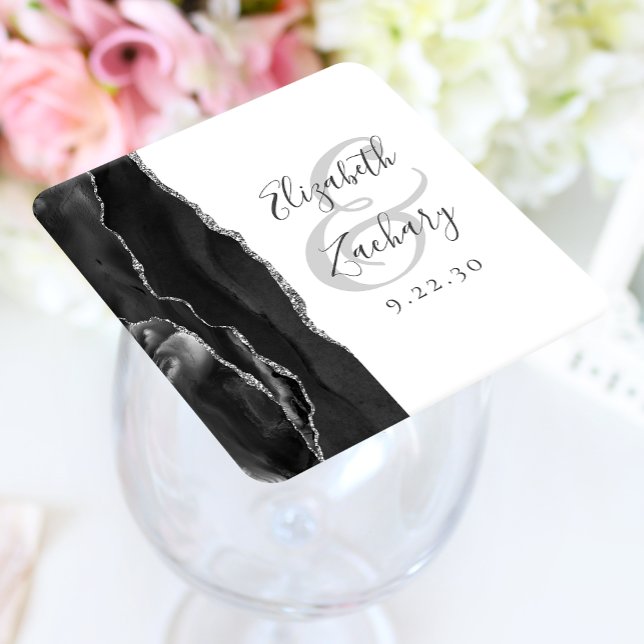 Agate Geode Schrift Schwarz Silber Hochzeit Rechteckiger Pappuntersetzer (Von Creator hochgeladen)