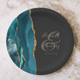Agate Geode Script Aquamarin Gold Dark Wedding Pappteller