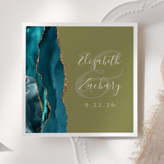 Agate Geode Script Aquamarin Gold Olive Green Wedd Serviette (Von Creator hochgeladen)