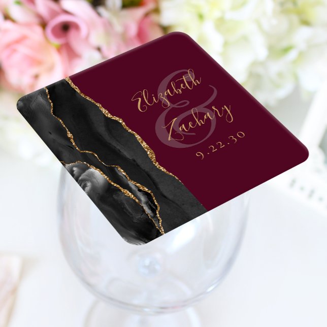 Agate Geode Script Black Gold Burgundy Wedding Rechteckiger Pappuntersetzer (Von Creator hochgeladen)