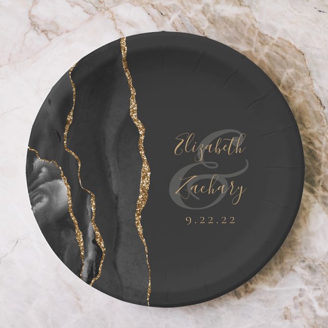 Agate Geode Script Black Gold Dark Pappteller (Von Creator hochgeladen)