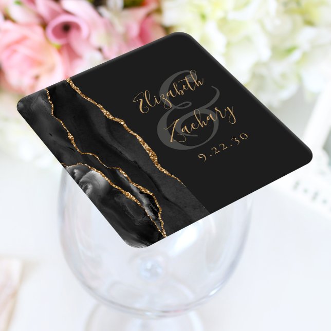 Agate Geode Script Black Gold Dark Wedding Rechteckiger Pappuntersetzer (Von Creator hochgeladen)
