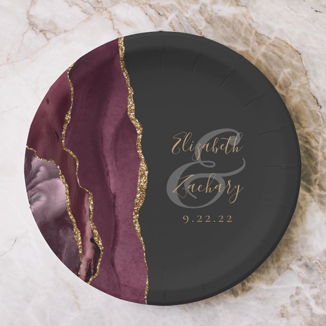 Agate Geode Script Burgundy Gold Dark Pappteller (Von Creator hochgeladen)