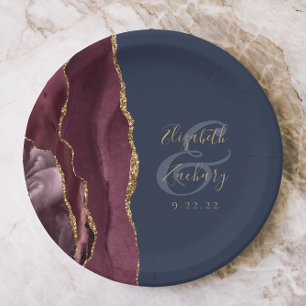 Agate Geode Script Burgundy Gold Navy Blue Pappteller