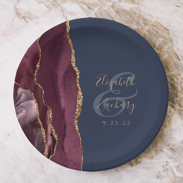Agate Geode Script Burgundy Gold Navy Blue Pappteller (Von Creator hochgeladen)