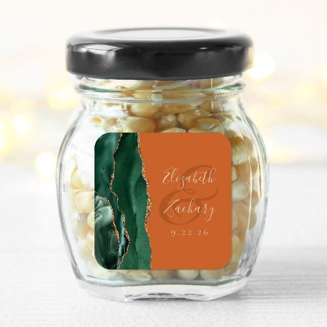 Agate Geode Script Emerald Green Gold Rust Wedding Quadratischer Aufkleber (Von Creator hochgeladen)