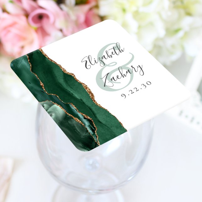 Agate Geode Script Emerald Green Gold Wedding Rechteckiger Pappuntersetzer (Von Creator hochgeladen)