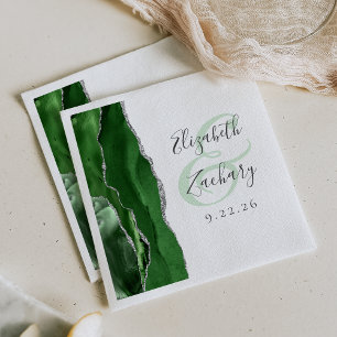 Agate Geode Script Hunter Green Silver Wedding Serviette