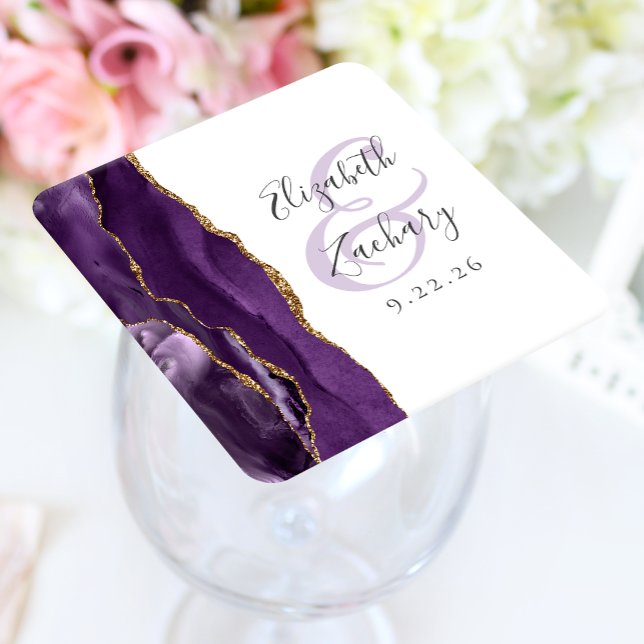 Agate Geode Script Lila Gold Wedding Rechteckiger Pappuntersetzer (Von Creator hochgeladen)