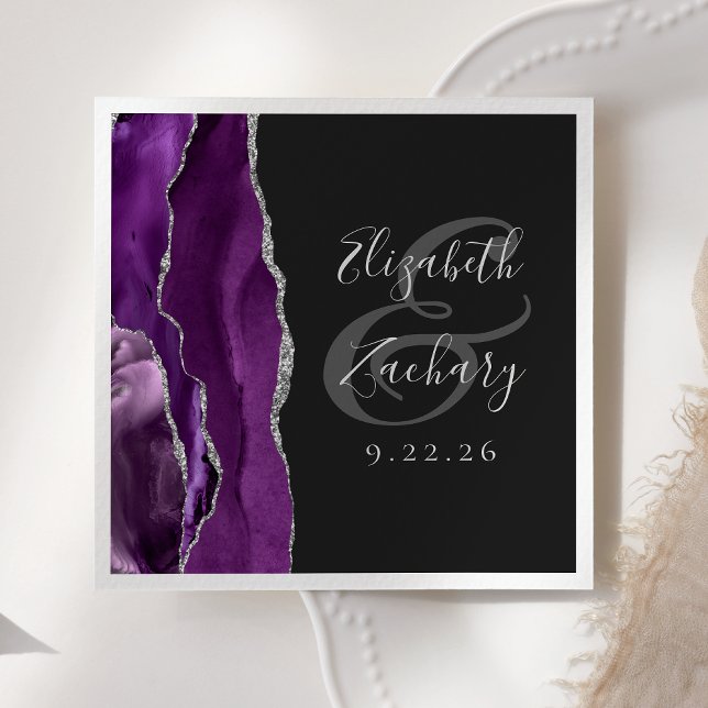 Agate Geode Script Lila Silver Dark Wedding Serviette (Von Creator hochgeladen)