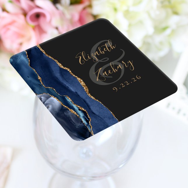 Agate Geode Script Navy Blue Gold Dark Wedding Rechteckiger Pappuntersetzer (Von Creator hochgeladen)
