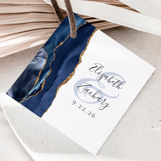 Agate Geode Script Navy Blue Gold Hochzeit Geschenkanhänger (Von Creator hochgeladen)