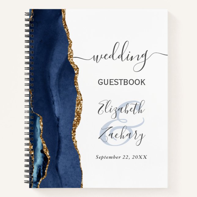 Agate Geode Script Navy Blue Gold Wedding Gast Notizbuch (Vorderseite)