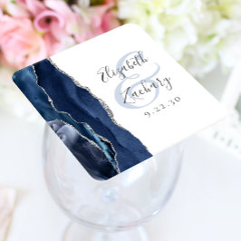 Agate Geode Script Navy Blue Silver Wedding Rechteckiger Pappuntersetzer