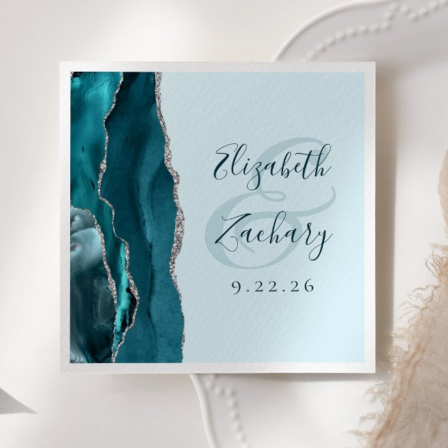 Agate Geode Script Pale Aquamarine Silberhochzeit Serviette (Von Creator hochgeladen)