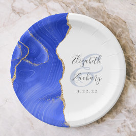 Agate Geode Script Royal Blue Gold Wedding Pappteller