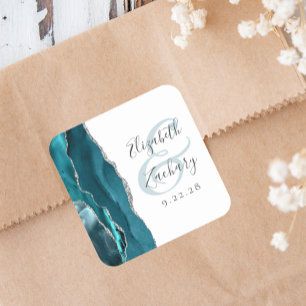 Agate-Geoden-Schrift Teal Blau Silber Hochzeit Quadratischer Aufkleber