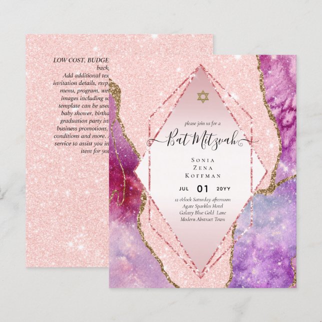 AGATE GLITZER BAT MITZVAH Einladungs-HAUSHALT (Vorne/Hinten)