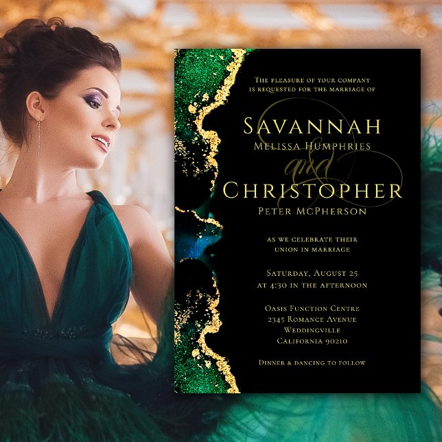 Agate Green Black Gold Ethereal Hochzeit Einladung (Agate Green Black Gold Ethereal Wedding Invitation. Model from Pexels.)