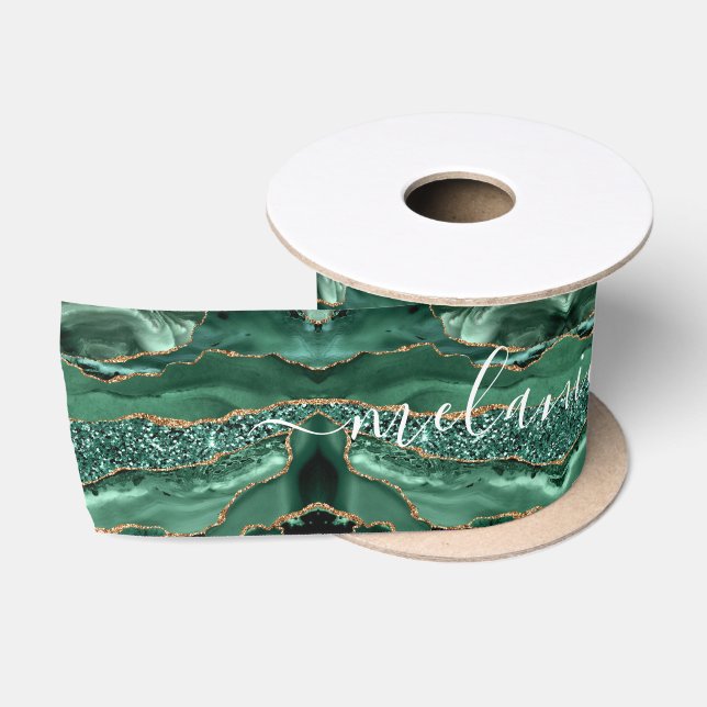 Agate Green Gold Emerald Individuelle Name Gift Ri Satinband (Spule)
