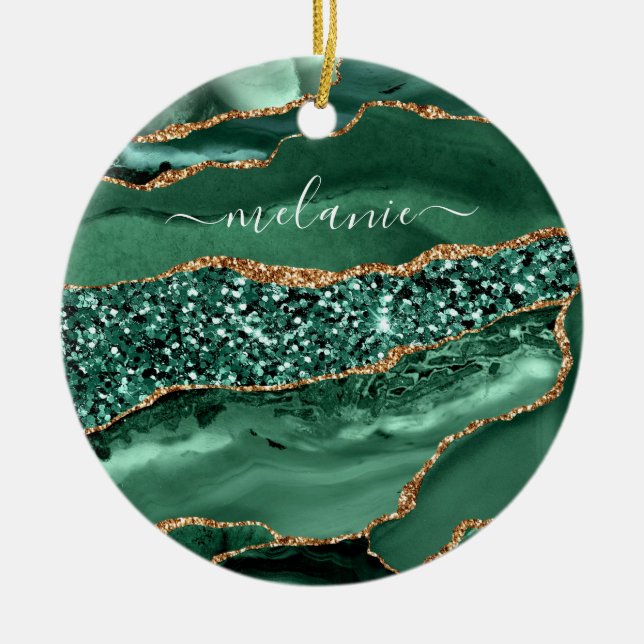 Agate Green Gold Glitzer Emerald Individuelle Name Keramik Ornament (Vorne)